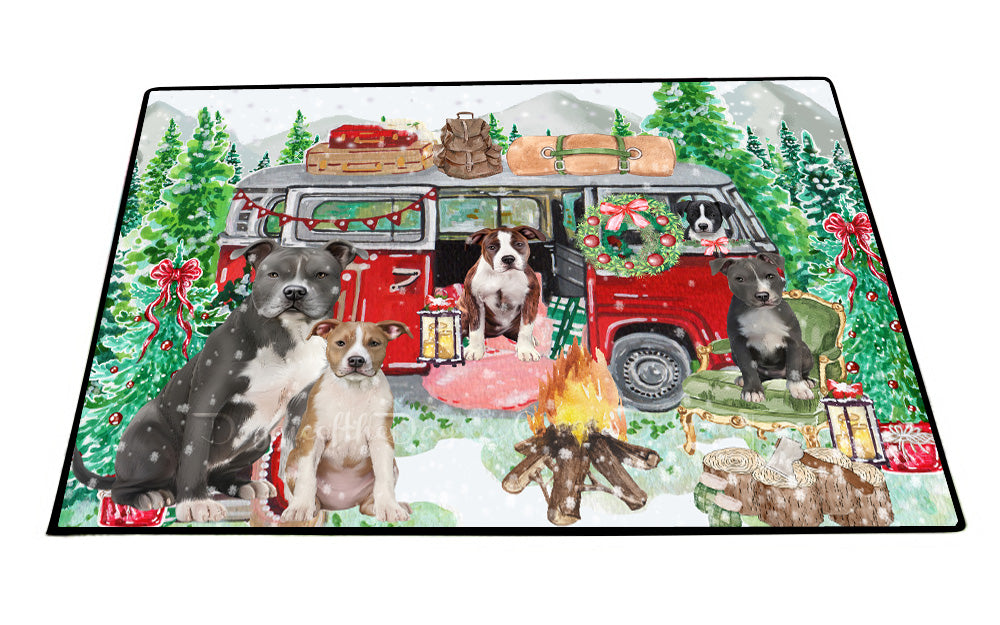 Christmas Time Camping with American Staffordshire Dogs Floor Mat- Anti-Slip Pet Door Mat Indoor Outdoor Front Rug Mats for Home Outside Entrance Pets Portrait Unique Rug Washable Premium Quality Mat