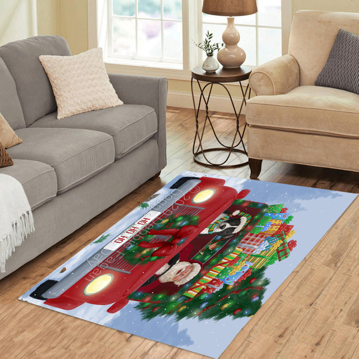 Christmas Honk Honk Red Truck Here Comes with Santa and American Staffordshire Dog Polyester Area Rug ARUG63261