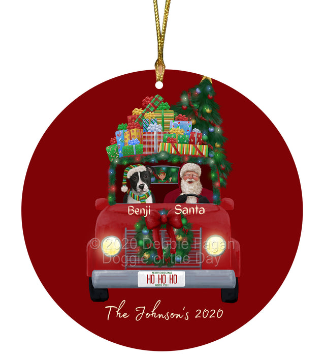 Personalized Christmas Honk Honk Red Truck Here Comes with Santa and American Staffordshire Dog Round Flat Ornament PRBPOR59048