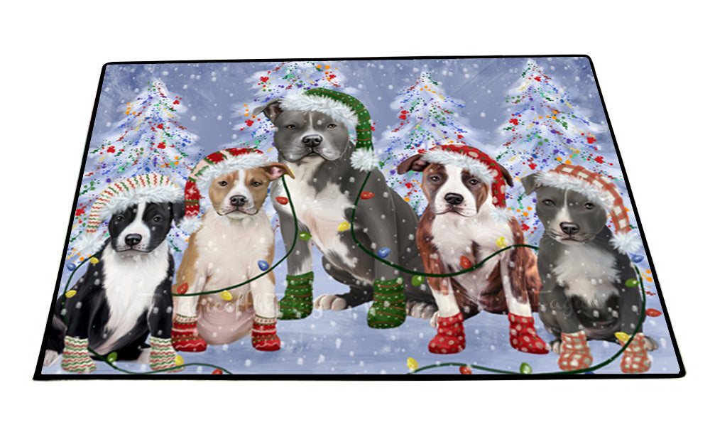 Christmas Lights and American Staffordshire Dogs Floor Mat- Anti-Slip Pet Door Mat Indoor Outdoor Front Rug Mats for Home Outside Entrance Pets Portrait Unique Rug Washable Premium Quality Mat