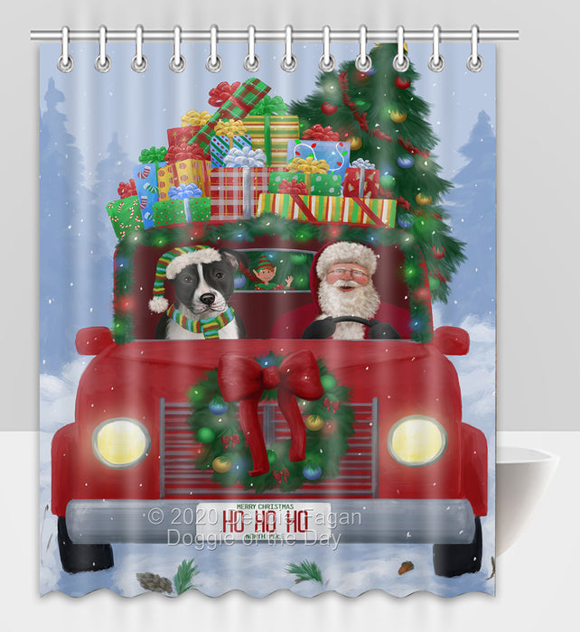 Christmas Honk Honk Red Truck Here Comes with Santa and American Staffordshire Dog Shower Curtain Bathroom Accessories Decor Bath Tub Screens SC010