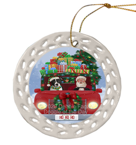 Christmas Honk Honk Red Truck with Santa and American Staffordshire Dog Doily Ornament DPOR59319