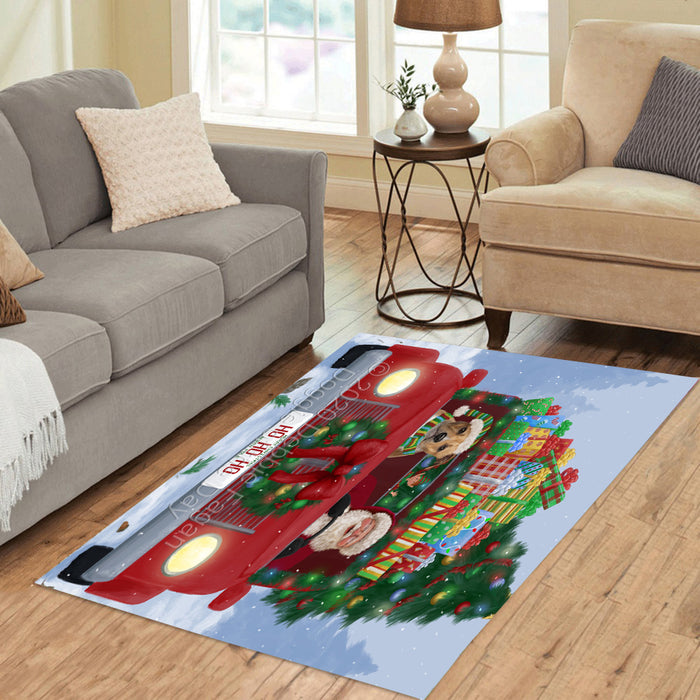 Christmas Honk Honk Red Truck Here Comes with Santa and American Staffordshire Dog Polyester Area Rug ARUG63268