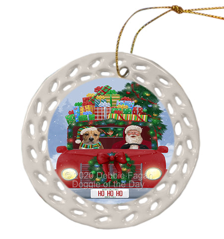 Christmas Honk Honk Red Truck with Santa and American Staffordshire Dog Doily Ornament DPOR59320
