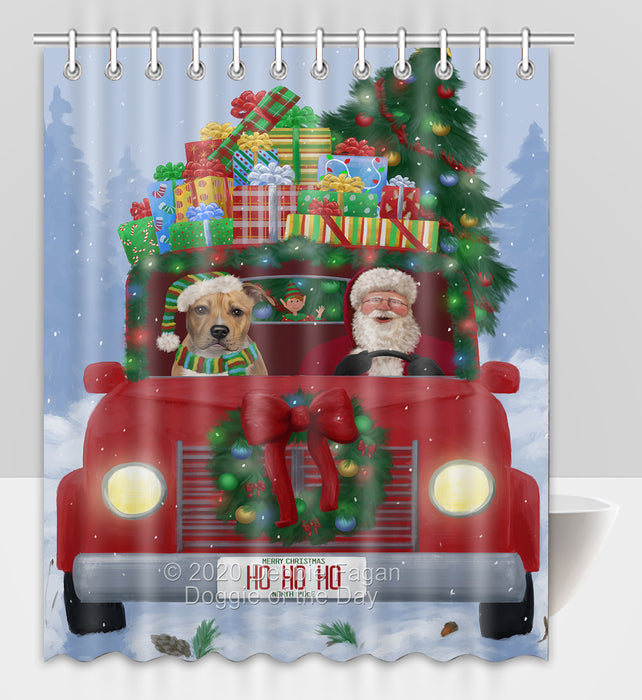 Christmas Honk Honk Red Truck Here Comes with Santa and American Staffordshire Dog Shower Curtain Bathroom Accessories Decor Bath Tub Screens SC011