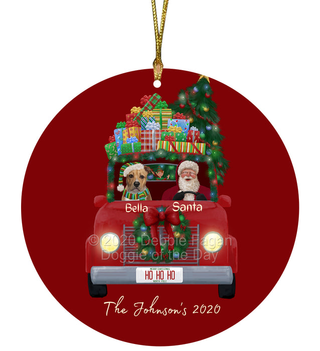 Personalized Christmas Honk Honk Red Truck Here Comes with Santa and American Staffordshire Dog Round Flat Ornament PRBPOR59049