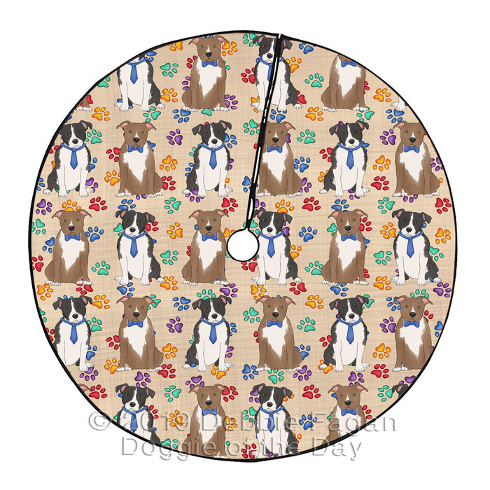 Rainbow Paw Print American Staffordshire Dogs Blue Christmas Tree Skirt