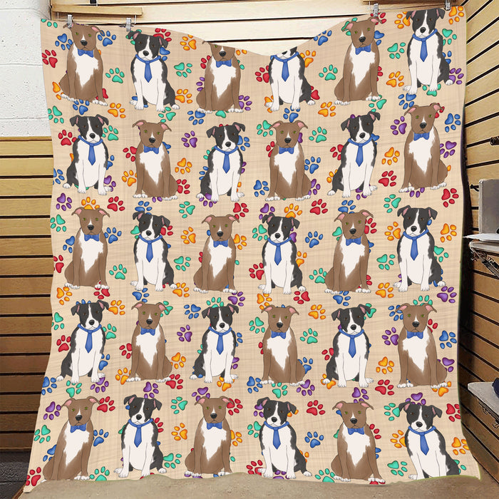 Rainbow Paw Print American Staffordshire Dogs Blue Quilt