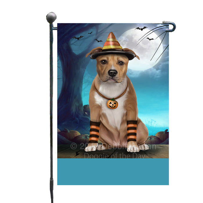 Personalized Happy Halloween Trick or Treat American Staffordshire Dog Candy Corn Custom Garden Flag GFLG64394