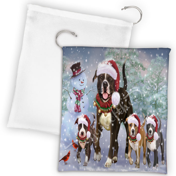Christmas Running Fammily American Staffordshire Dogs Drawstring Laundry or Gift Bag LGB48198