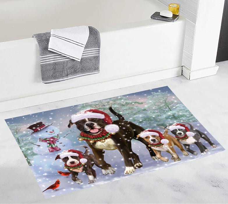 Christmas Running Fammily American Staffordshire Terrier Dogs Bath Mat