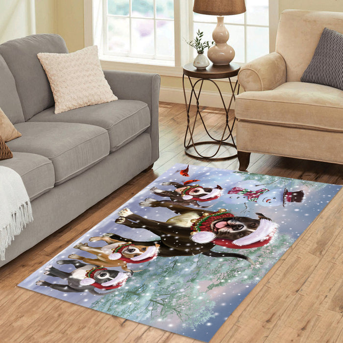 Christmas Running Fammily American Staffordshire Terrier Dogs Area Rug