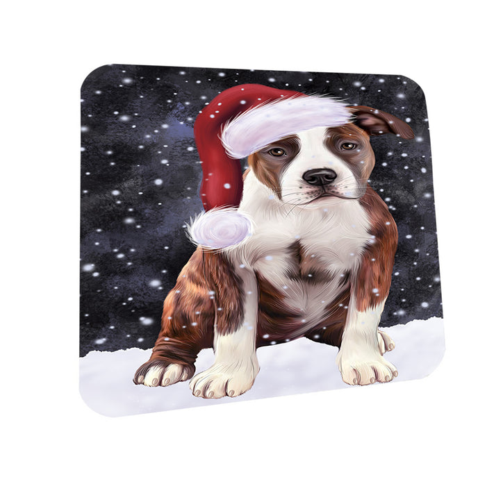 Let it Snow Christmas Holiday American Staffordshire Terrier Dog Wearing Santa Hat Mug and Coaster Set MUC54263