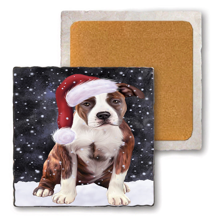 Let it Snow Christmas Holiday American Staffordshire Terrier Dog Wearing Santa Hat Set of 4 Natural Stone Marble Tile Coasters MCST49271