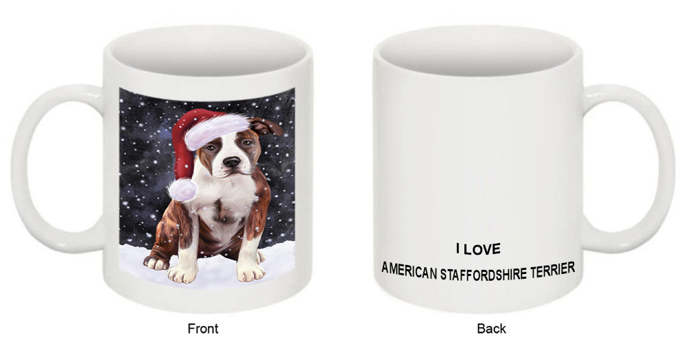 Let it Snow Christmas Holiday American Staffordshire Terrier Dog Wearing Santa Hat Coffee Mug MUG49669