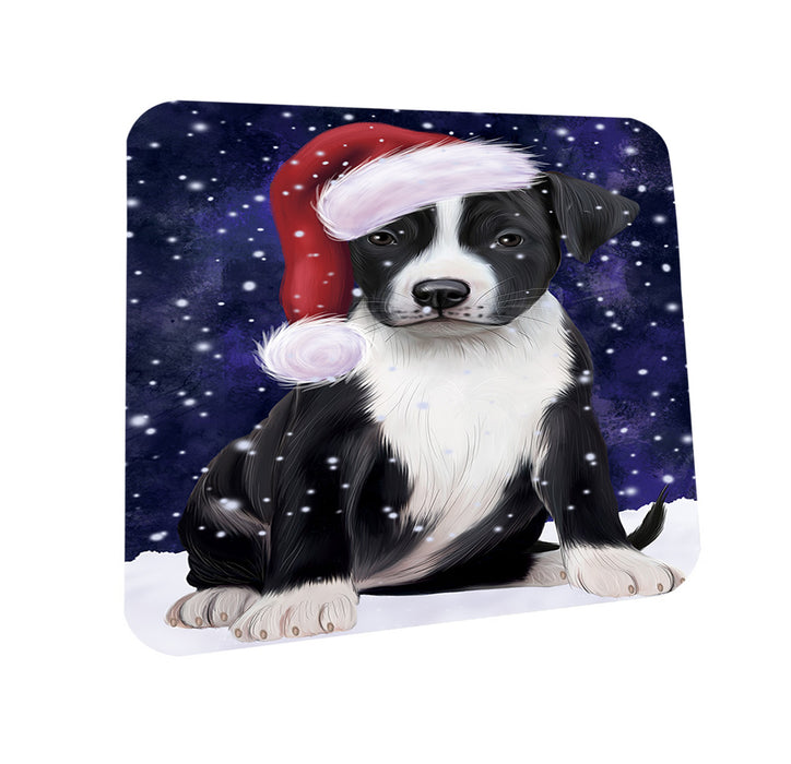 Let it Snow Christmas Holiday American Staffordshire Terrier Dog Wearing Santa Hat Mug and Coaster Set MUC54264