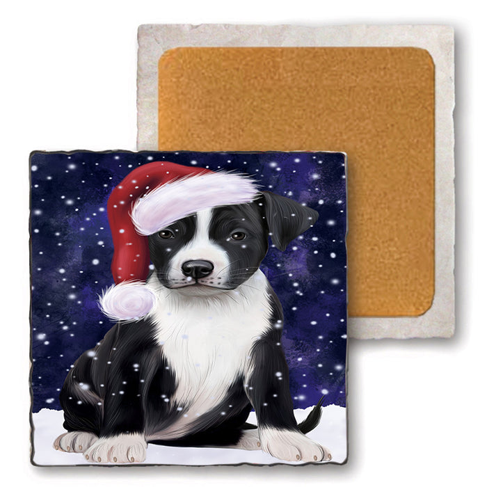 Let it Snow Christmas Holiday American Staffordshire Terrier Dog Wearing Santa Hat Set of 4 Natural Stone Marble Tile Coasters MCST49272