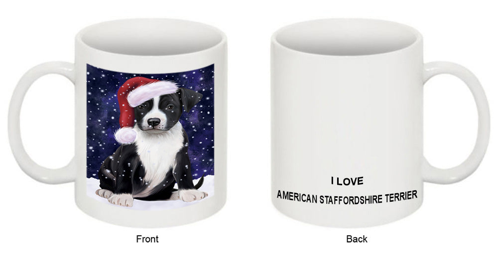 Let it Snow Christmas Holiday American Staffordshire Terrier Dog Wearing Santa Hat Coffee Mug MUG49670