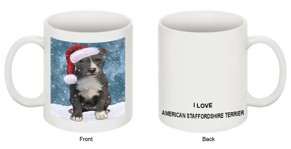 Let it Snow Christmas Holiday American Staffordshire Terrier Dog Wearing Santa Hat Coffee Mug MUG49671