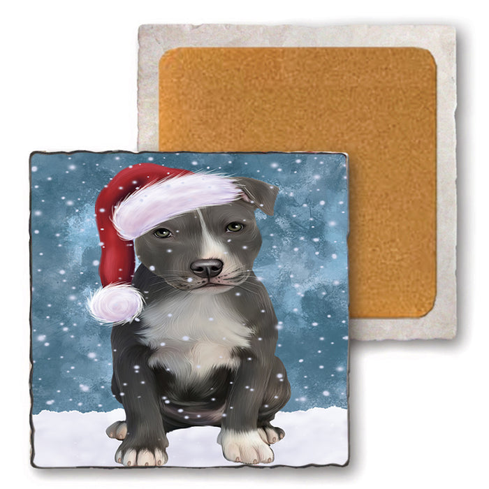 Let it Snow Christmas Holiday American Staffordshire Terrier Dog Wearing Santa Hat Set of 4 Natural Stone Marble Tile Coasters MCST49273