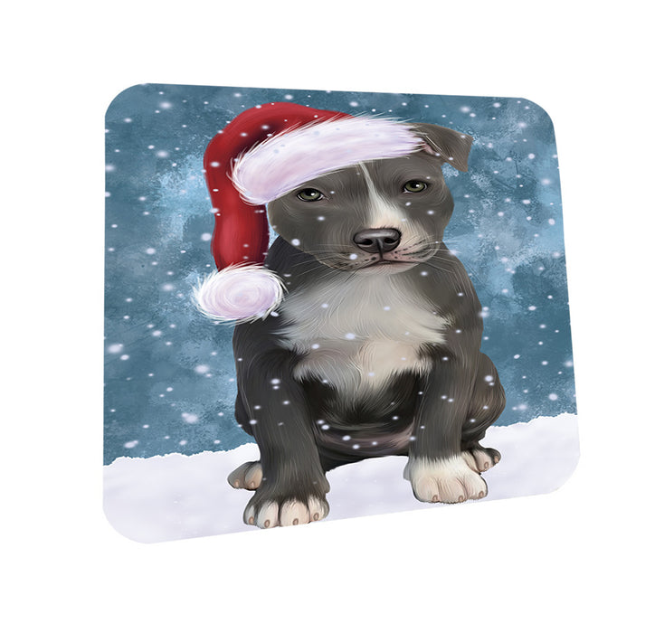 Let it Snow Christmas Holiday American Staffordshire Terrier Dog Wearing Santa Hat Mug and Coaster Set MUC54265