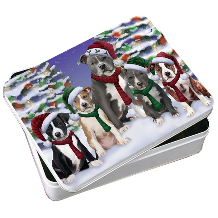American Staffordshire Terriers Dog Christmas Family Portrait in Holiday Scenic Background Photo Storage Tin PITN52704