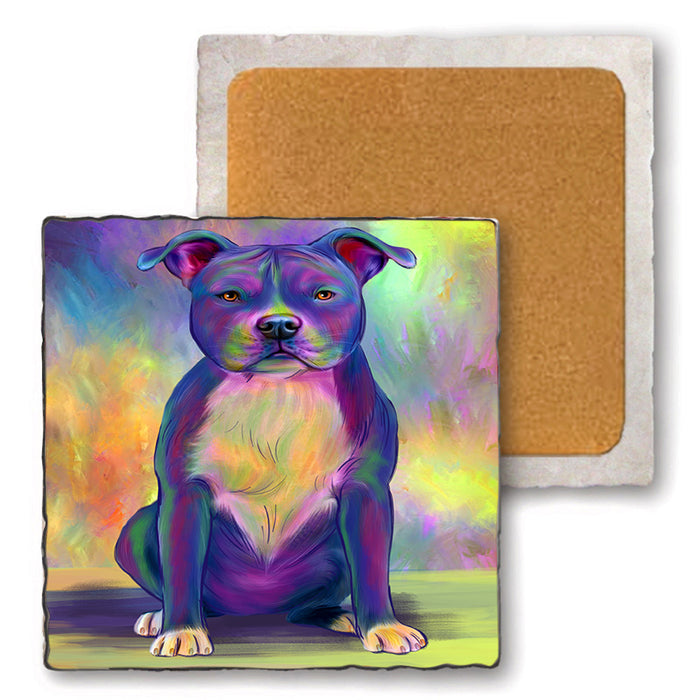 Paradise Wave American Staffordshire Terrier Dog Set of 4 Natural Stone Marble Tile Coasters MCST51687