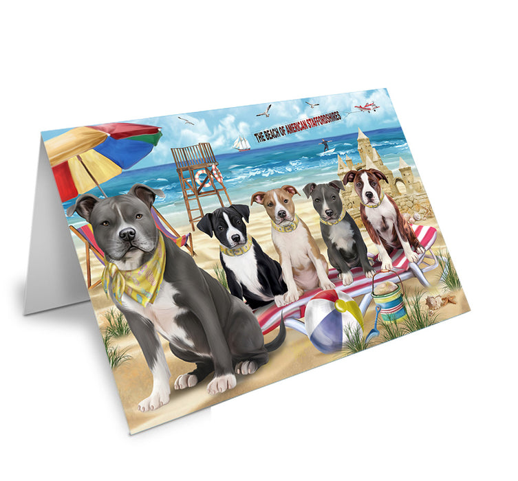 Pet Friendly Beach American Staffordshire Terriers Dog Handmade Artwork Assorted Pets Greeting Cards and Note Cards with Envelopes for All Occasions and Holiday Seasons GCD53915