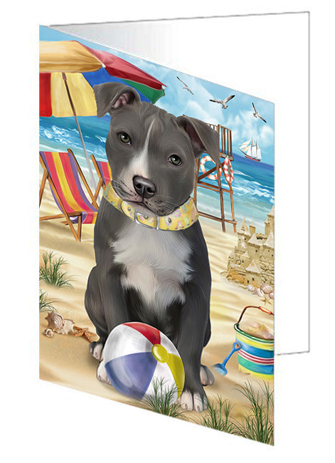Pet Friendly Beach American Staffordshire Terrier Dog Handmade Artwork Assorted Pets Greeting Cards and Note Cards with Envelopes for All Occasions and Holiday Seasons GCD53918
