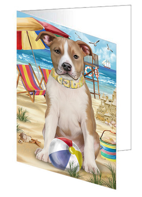 Pet Friendly Beach American Staffordshire Terrier Dog Handmade Artwork Assorted Pets Greeting Cards and Note Cards with Envelopes for All Occasions and Holiday Seasons GCD53921