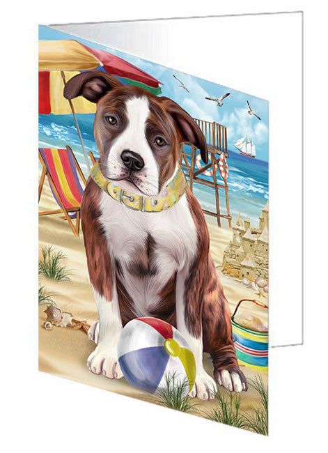 Pet Friendly Beach American Staffordshire Terrier Dog Handmade Artwork Assorted Pets Greeting Cards and Note Cards with Envelopes for All Occasions and Holiday Seasons GCD53927