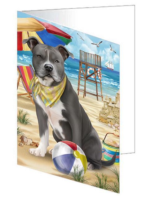 Pet Friendly Beach American Staffordshire Terrier Dog Handmade Artwork Assorted Pets Greeting Cards and Note Cards with Envelopes for All Occasions and Holiday Seasons GCD53930