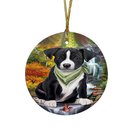 Scenic Waterfall American Staffordshire Terrier Dog Round Flat Christmas Ornament RFPOR51792