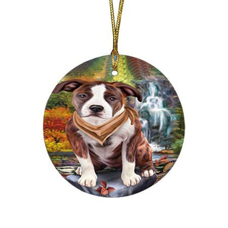 Scenic Waterfall American Staffordshire Terrier Dog Round Flat Christmas Ornament RFPOR51795
