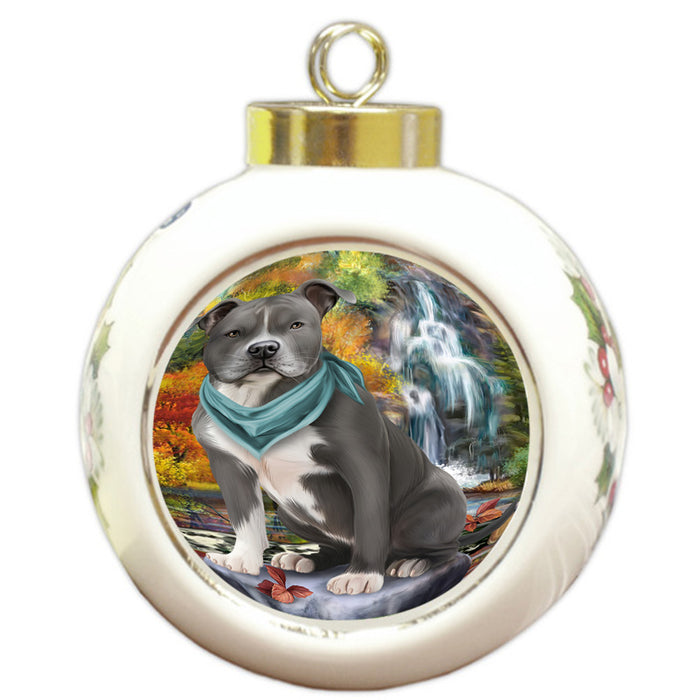 Scenic Waterfall American Staffordshire Terrier Dog Round Ball Christmas Ornament RBPOR51805