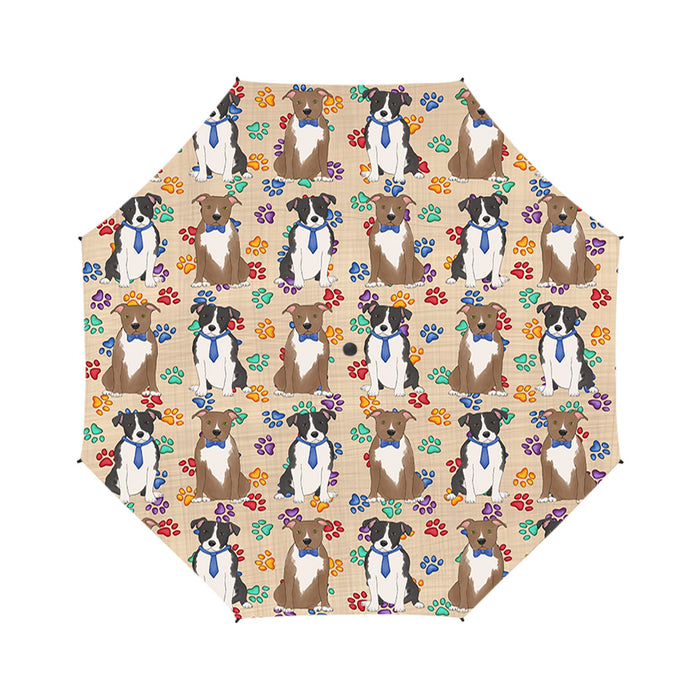 Rainbow Paw Print American Staffordshire Dogs Blue Semi-Automatic Foldable Umbrella