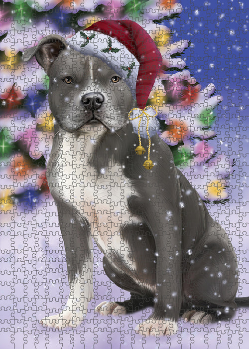 Winterland Wonderland American Staffordshire Terrier Dog In Christmas Holiday Scenic Background Puzzle with Photo Tin PUZL82052