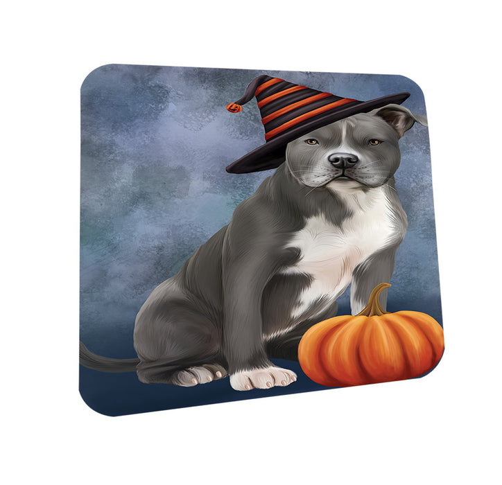 Happy Halloween American Staffordshire Terrier Dog Wearing Witch Hat with Pumpkin Coasters Set of 4 CST54668