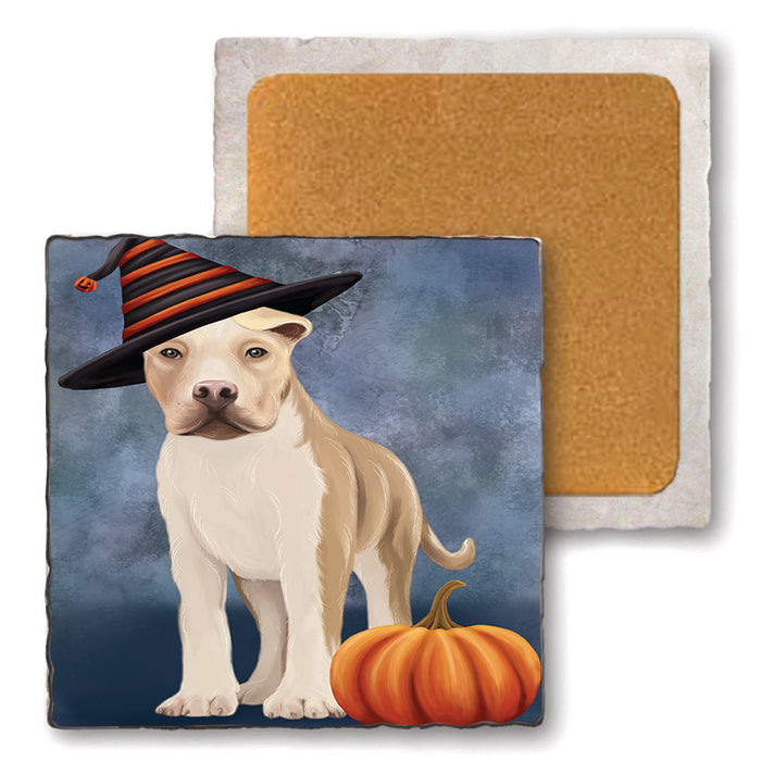 Happy Halloween American Staffordshire Terrier Dog Wearing Witch Hat with Pumpkin Set of 4 Natural Stone Marble Tile Coasters MCST49855