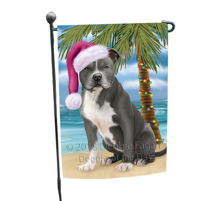 Summertime Happy Holidays Christmas American Staffordshire Terrier Dog on Tropical Island Beach Garden Flag GFLG54588