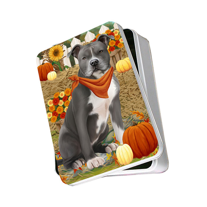 Fall Autumn Greeting American Staffordshire Terrier Dog with Pumpkins Photo Storage Tin PITN52296