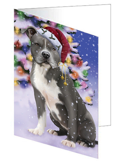 Winterland Wonderland American Staffordshire Terrier Dog In Christmas Holiday Scenic Background Handmade Artwork Assorted Pets Greeting Cards and Note Cards with Envelopes for All Occasions and Holiday Seasons GCD65201