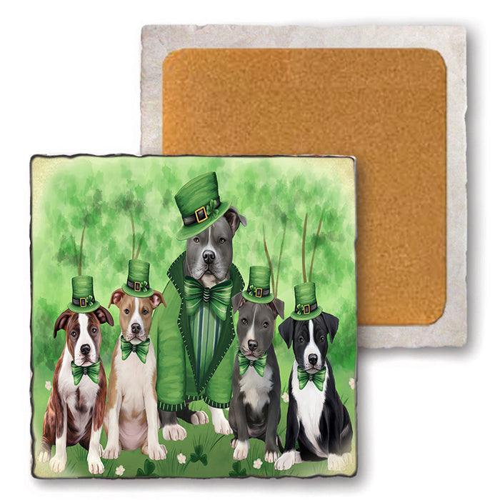 St. Patricks Day Irish Portrait American Staffordshire Terrier Dogs Set of 4 Natural Stone Marble Tile Coasters MCST51967