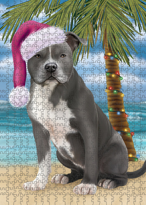 Summertime Happy Holidays Christmas American Staffordshire Terrier Dog on Tropical Island Beach Puzzle with Photo Tin PUZL85260