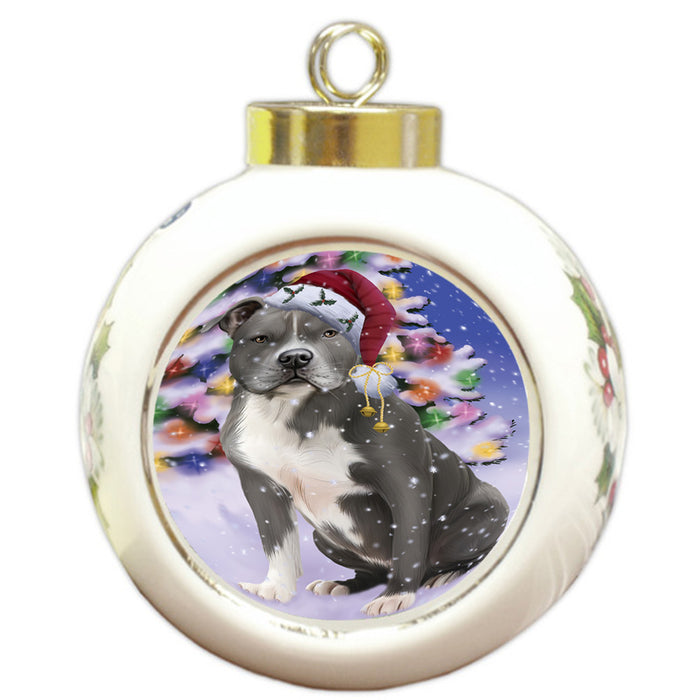 Winterland Wonderland American Staffordshire Terrier Dog In Christmas Holiday Scenic Background Round Ball Christmas Ornament RBPOR53724
