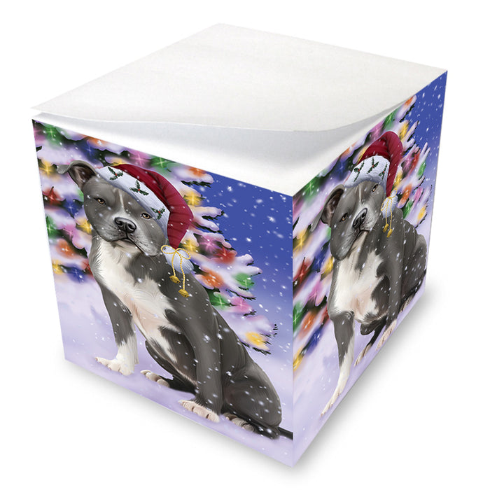 Winterland Wonderland American Staffordshire Terrier Dog In Christmas Holiday Scenic Background Note Cube NOC55370