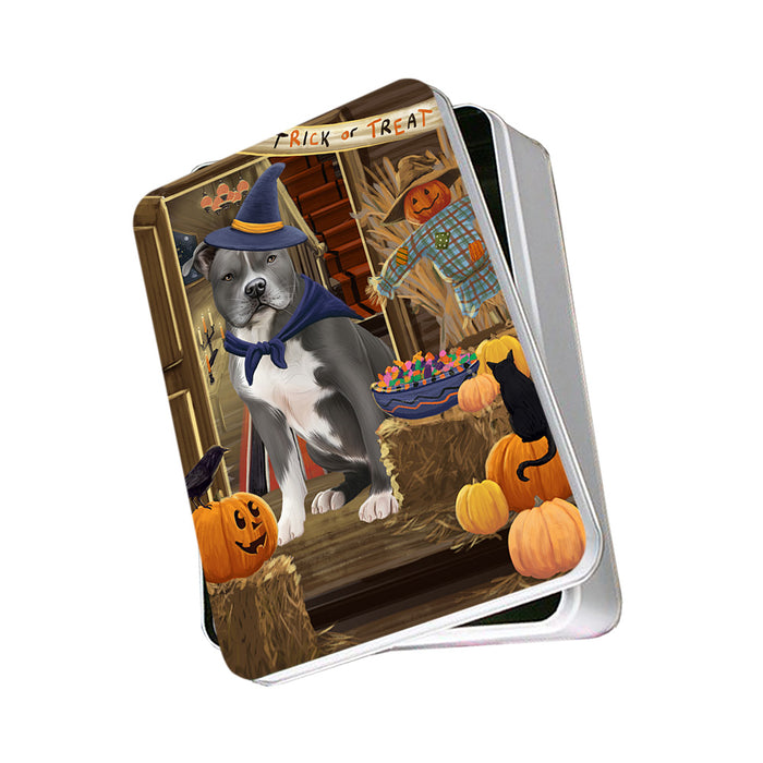 Enter at Own Risk Trick or Treat Halloween American Staffordshire Terrier Dog Photo Storage Tin PITN52944