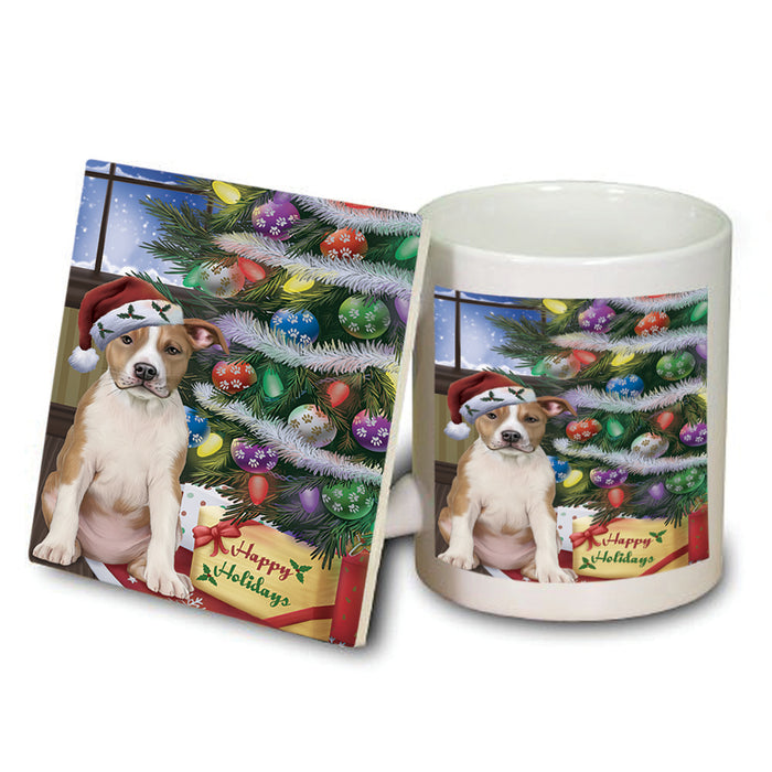 Christmas Happy Holidays American Staffordshire Terrier Dog with Tree and Presents Mug and Coaster Set MUC53426