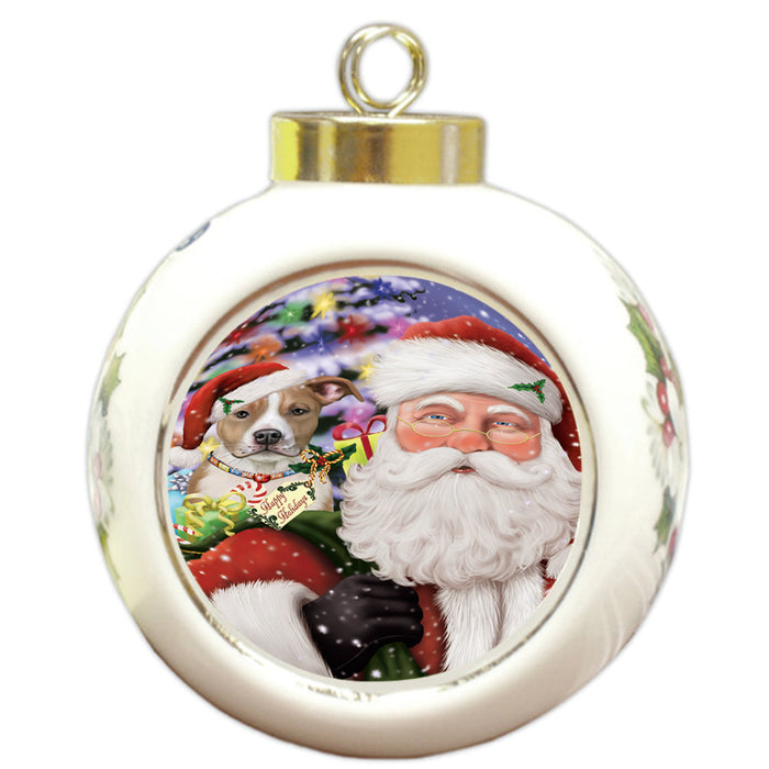 Santa Carrying American Staffordshire Terrier Dog and Christmas Presents Round Ball Christmas Ornament RBPOR53665