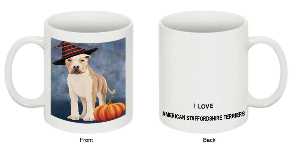 Happy Halloween American Staffordshire Terrier Dog Wearing Witch Hat with Pumpkin Coffee Mug MUG50253